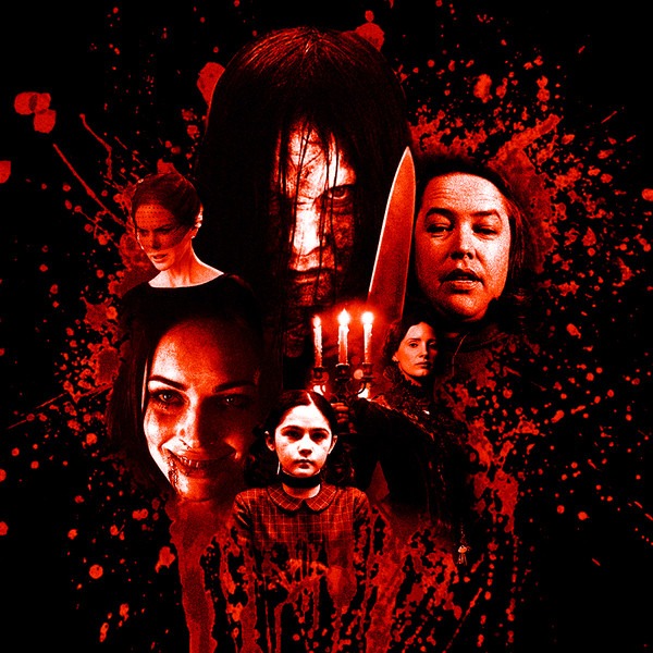 Shadowy silhouette of a woman standing in a dim hallway, suggesting an ominous presence.