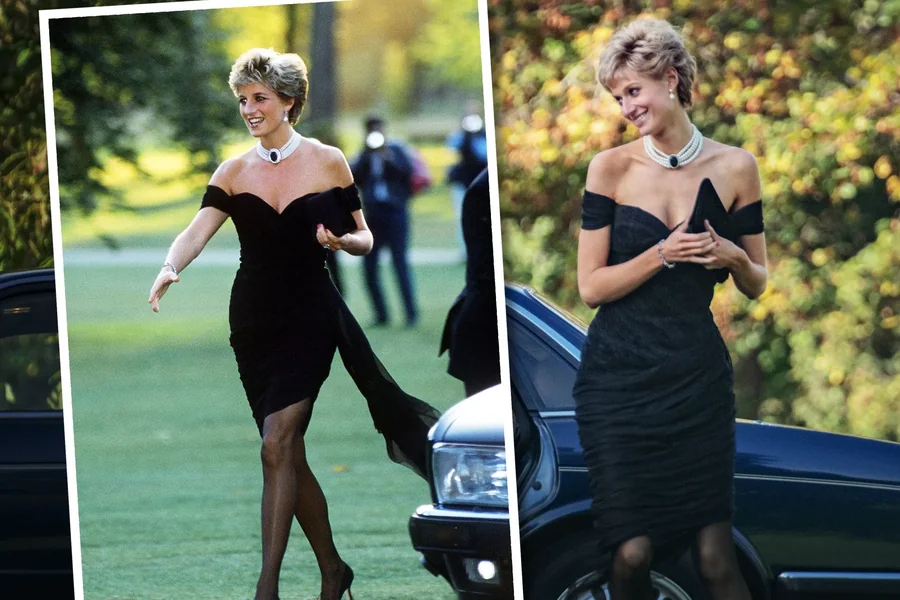 Princess Diana stepping out at the Serpentine Gallery in 1994 wearing a short black Christina Stambolian dress with a pearl and sapphire choker, captured by flash photography.