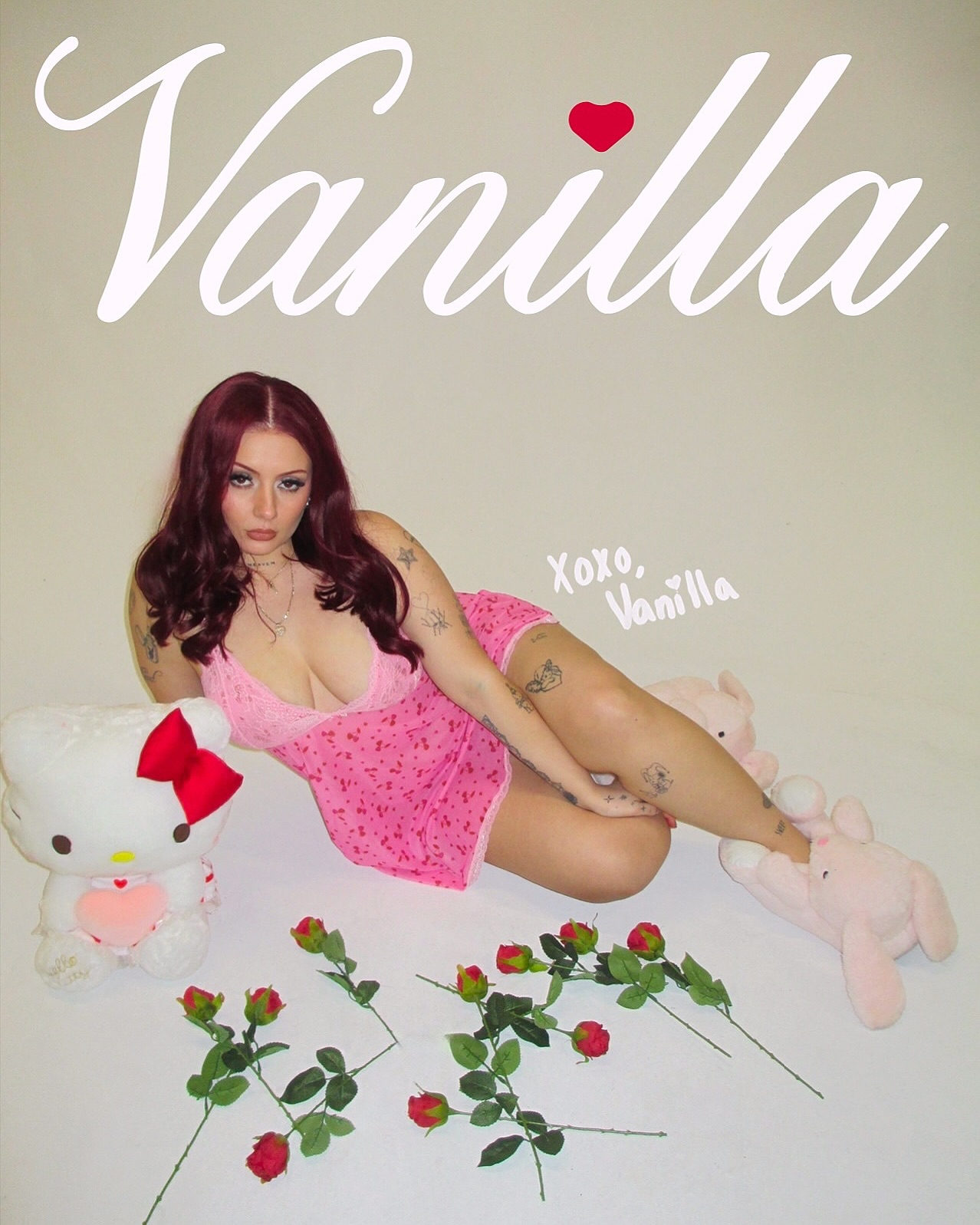 Streamer Vanillamace sitting at her setup with pink hair, speaking animatedly to chat during a live stream.