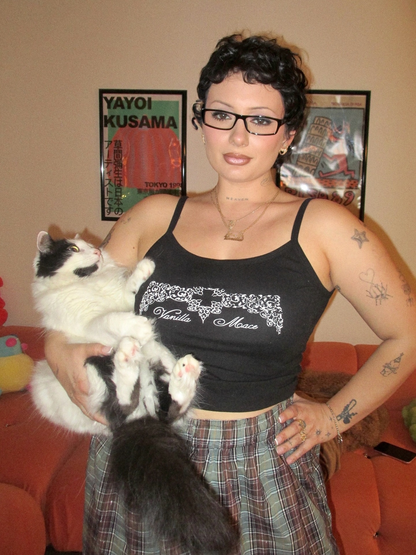 Streamer Vanillamace sitting at her setup with pink hair, speaking animatedly to chat during a live stream.