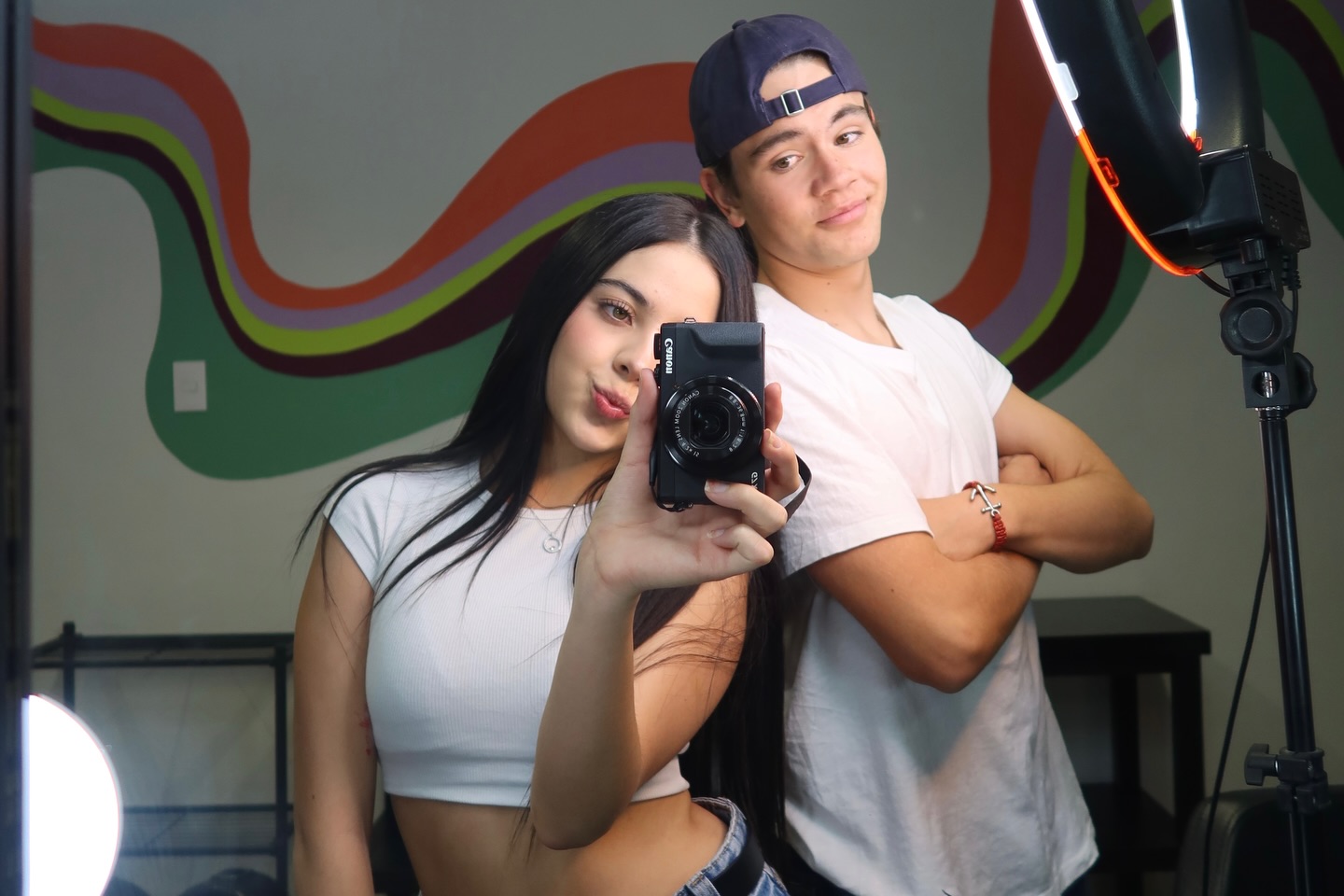 Young Mexican actress Cassandra Iturralde during a television set break, looking confident and focused